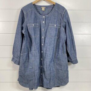 Duluth Trading Tunic Shirt Womens Large Chambray Button Front Organic Cotton Top